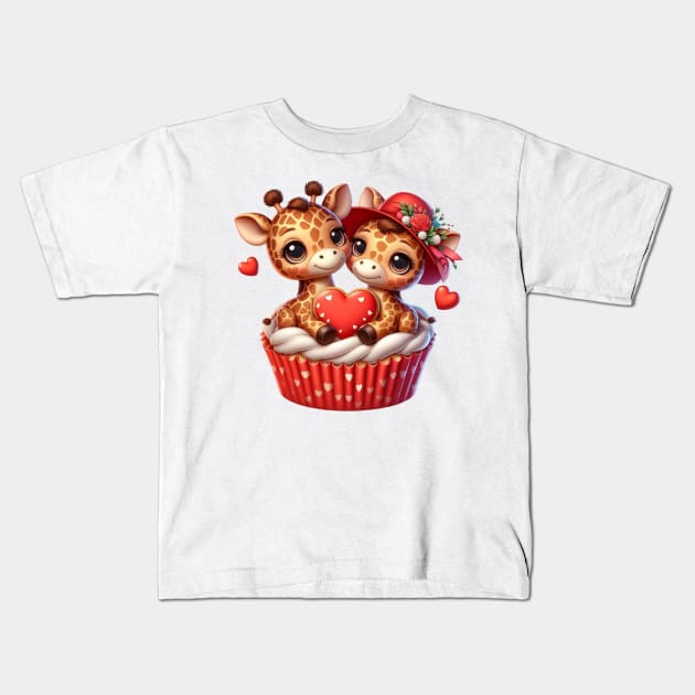 Valentine Giraffe Couple In A Cupcake Kids T-Shirt by Chromatic Fusion Studio